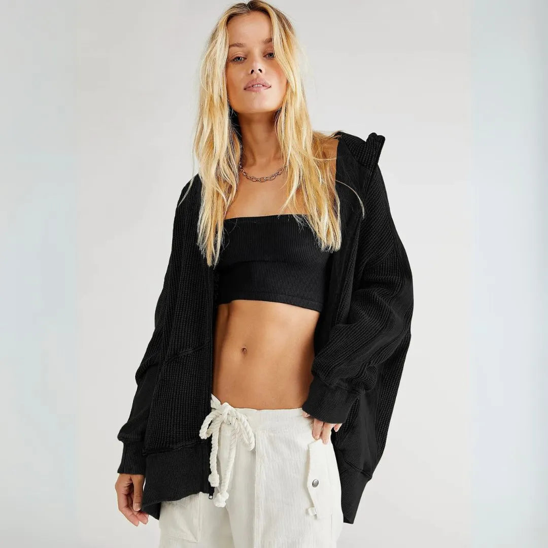Aubree Oversized Waffle-Knit Zip Hoodie