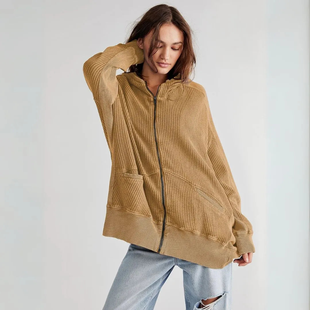 Aubree Oversized Waffle-Knit Zip Hoodie