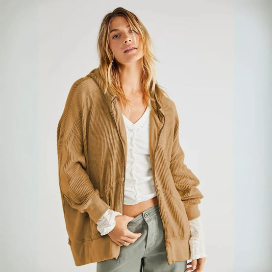 Aubree Oversized Waffle-Knit Zip Hoodie